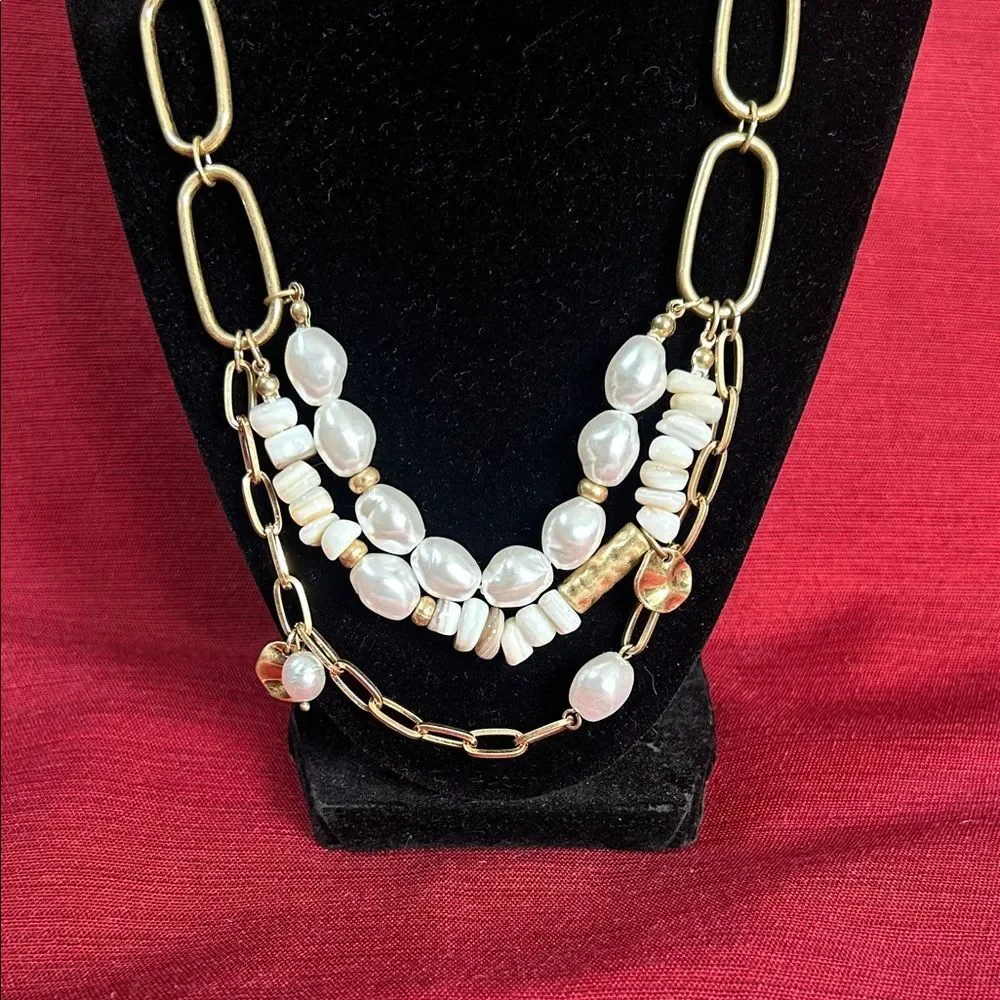 Gold Tone Paperclip 16” Chain Layered Pearls Beads Charms Boho Statement Choker